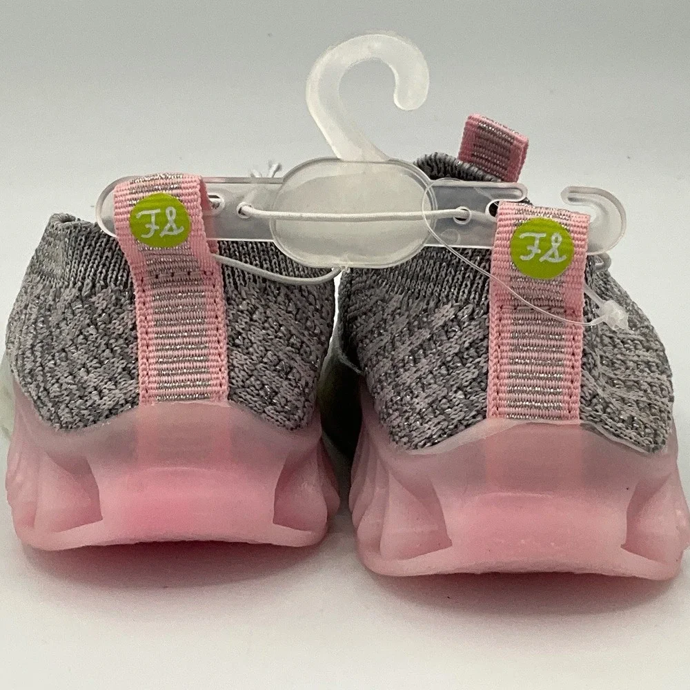 First Steps Toddler Girls Grey Pink Knit Slip On Sneakers Size 4 9-12 Months